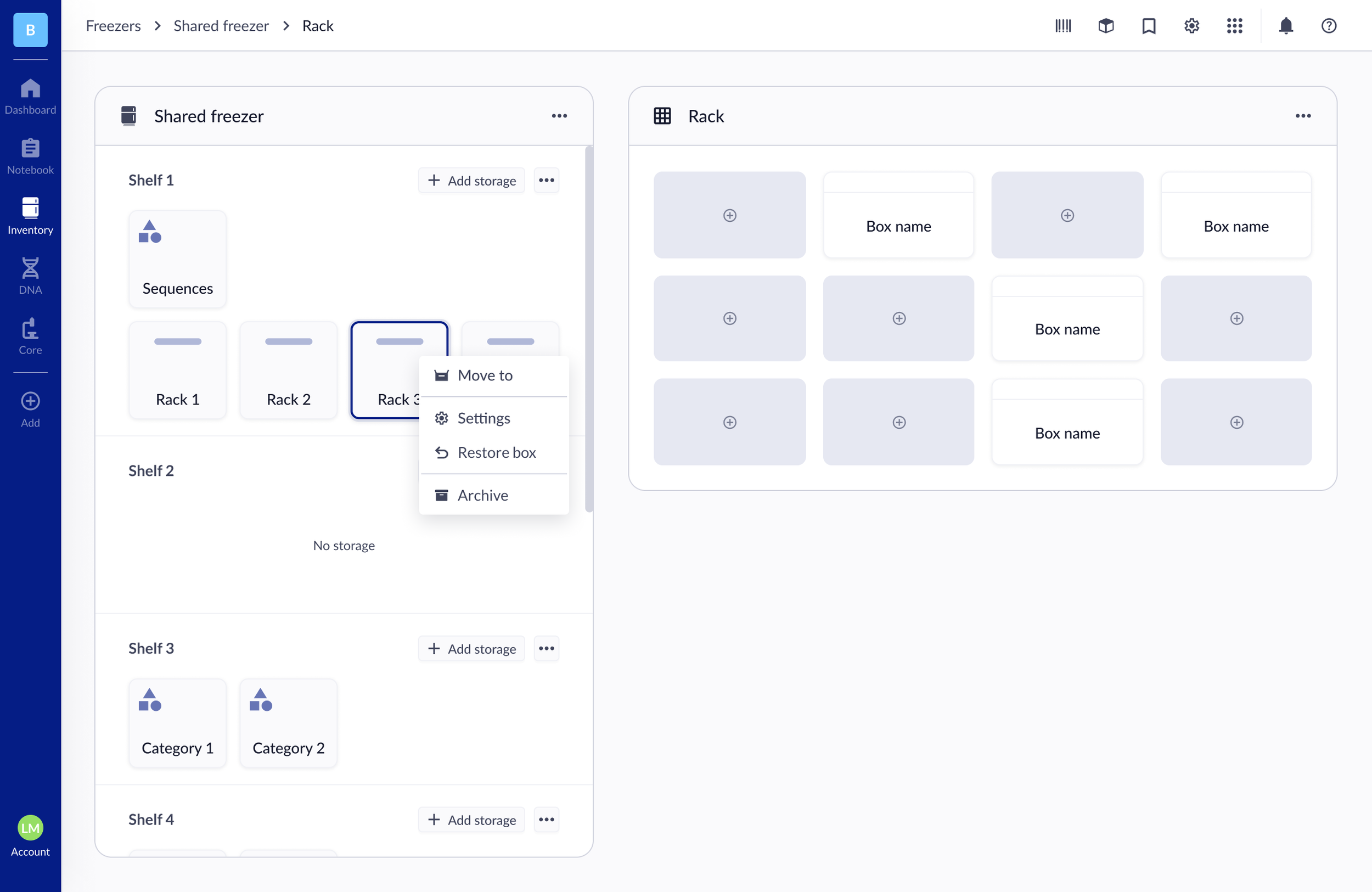 Genemod move rack and category feature screen one